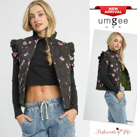 Umgee Ruffled Sleeves Floral Print Snap Button Down Quilted Vest Jacket | Brown - Picture 1 of 6